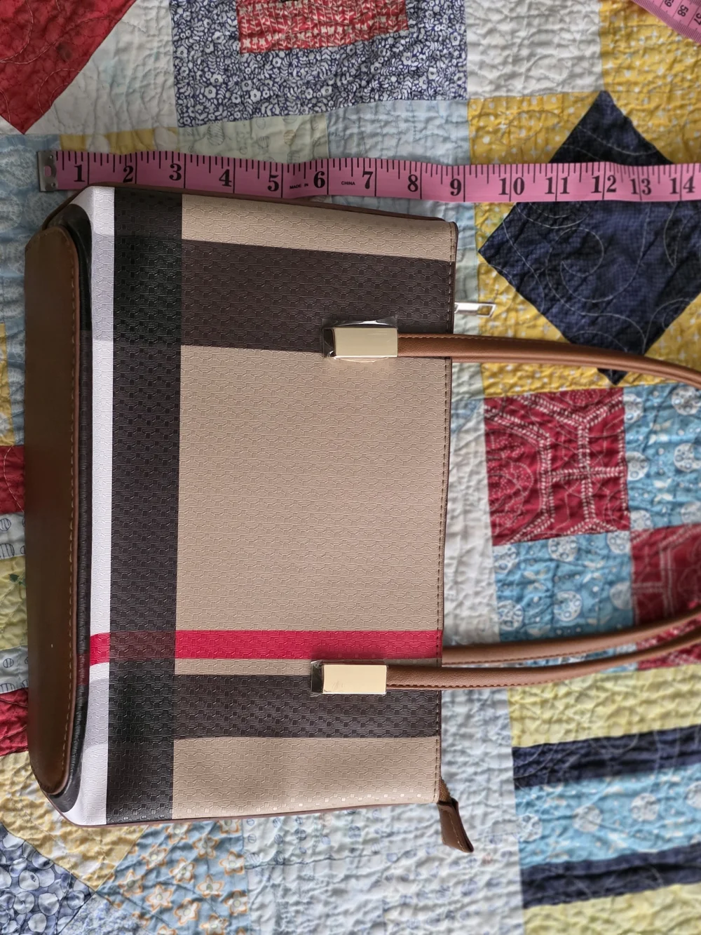 Beige Plaid Tote with Red Stripe and Brown Handles